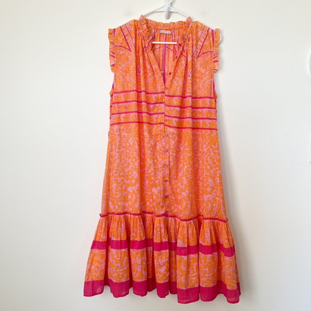 Lola Australia Tiered Button Front Midi Dress *NO BELT* Ruffle Small Pink Orange